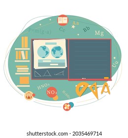 A school background with a set of academic subjects. Blackboard and school supplies. Banner design.