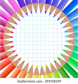 School background with sheet of paper and color pencils