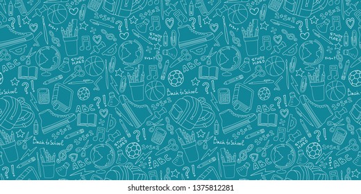 School background with study supplies. Seamless pattern