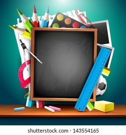 School background with school supplies and copyspace 