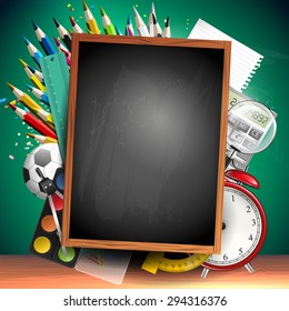 School background with school supplies and empty blackboard with place for your text