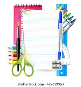 School background with school supplies and empty paper on white background