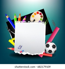 School background with school supplies and empty paper