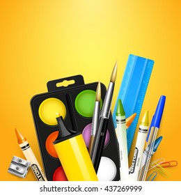 School background with school supplies on orange background