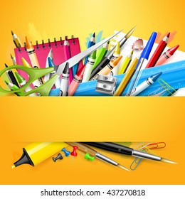 School background with school supplies on orange background