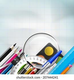 School background with school supplies on the paper and place for text