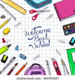 School background with school supplies on a paper. Vector illustration for your design