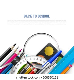 School background with school supplies on white background and place for text