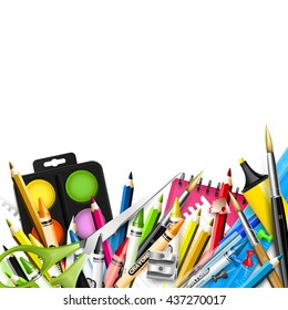 School background with school supplies on white background