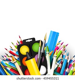 School background with school supplies on white background