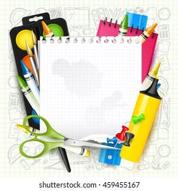 School background with school supplies and paper with place for your text