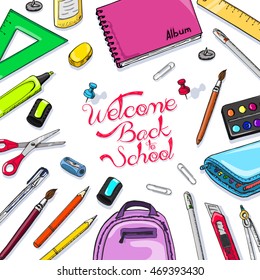 School background with school supplies. Vector illustration for your design