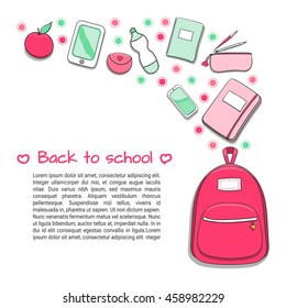 School background with teenager or student girls school supplies. Education poster template for sale banner or flyer. Design for brochures, booklets, leaflet with empty place for your text.