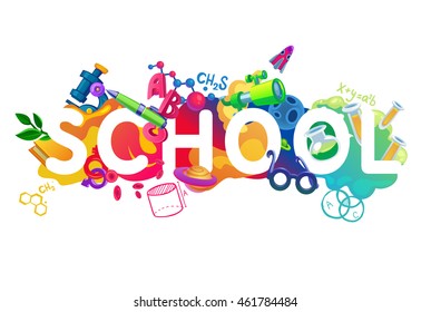 School background in white. Colorful poster with an inscription in the abstract school items.