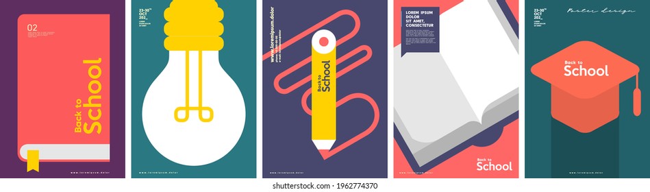 School backgrounds. Book, lamp, drawing pencil, graduation cap. Set of flat, vector illustrations. Back to School. Elements and objects on school themes, simple background for poster, cover, flyer. - Shutterstock ID 1962774370