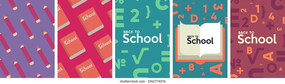 School backgrounds. Set of flat, vector illustrations. Back to School. Elements and objects on school themes, simple background for poster, cover, flyer.