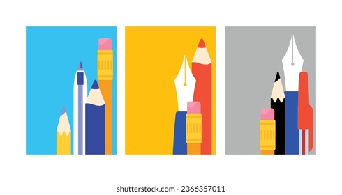 School backgrounds set. Students stationery, writing pens and pencils. Simple vector illustrations - writers supplies, creativity tools, school items. Stylized minimalist poster, cover, banner.