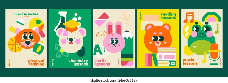 School backgrounds. Stationery, books, cute animals that crave knowledge. Set of flat vector illustrations. Back to school. School theme elements and objects, simple poster background.