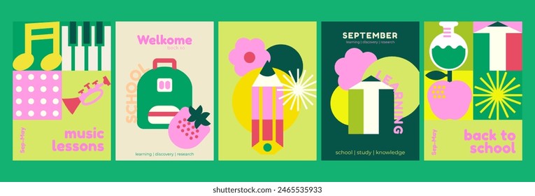 School backgrounds. Stationery, musical instruments, pencils, backpack. Set of flat cute vector illustrations. Back to school. School theme elements and objects, simple poster background.