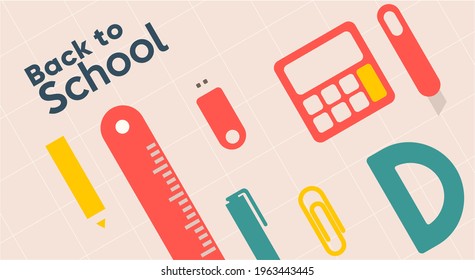 School backgrounds. Stationery. Vector flat illustration. Back to School. Simple background for poster, cover, flyer.