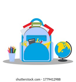 Mochila escolar con todos los artículos y artículos de papelería, un globo y un vaso con lápices. Educación y concepto escolar. De vuelta a la escuela. Ilustración vectorial plana.