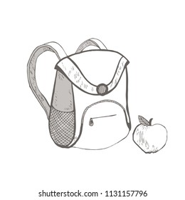 School backpack and apple sketch isolated on white background. Vector illustration for back to school. School supplies.