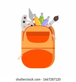 
A school backpack with art tools, a brush, paints, a palette knife. Vector illustration for artists, schoolchildren.