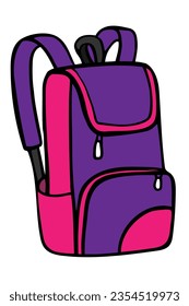 School backpack. Back to school pink sign with yellow school bag isolated on white background. Vector doodle illustration for Educational banner, poster, flyer design