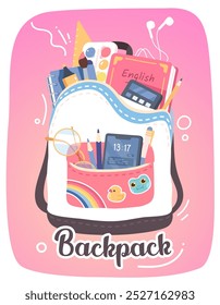 School backpack bag with book, supplies. Children full schoolbag with textbook, notebook, pen, pencils, paints, calculator, student smartphone. Education, study, learning vector illustration