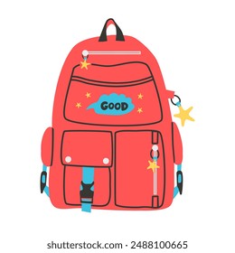 School backpack, bag, rucksack, knapsack for school supplies. Back to school and education concept. Vector illustration of red school bag. Isolated on white background.