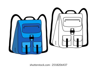 Mochila escola saco mochila mochila conjunto mão desenhada com desenho de cor de contorno preto para design em fundo transparente