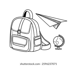 School backpack beside a globe and paper airplane representing education and travel inspiration for students