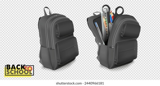 Mochila escolar. Mochila en blanco y negro. Bolsa de viaje con vista frontal. 3d vector mockup aislado