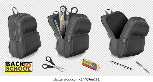 Schulrucksack. Schwarz-weißer Rucksack. Reisetasche für die Vorderansicht. 3D-Vektormockup isoliert