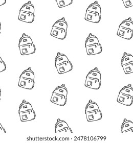 School backpack black and white vector seamless pattern. Student bag, rucksack engraving, line art, outline, ink background