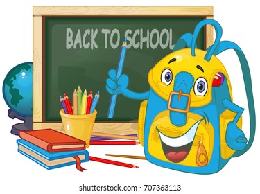 School backpack, blackboard,
school bag, vector cartoon illustration 