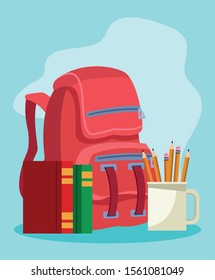 school backpack with books and mug with pencils over blue background, colorful design , vector illustration