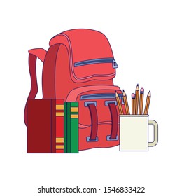 school backpack with books and mugs with pencils over white background, vector illustration