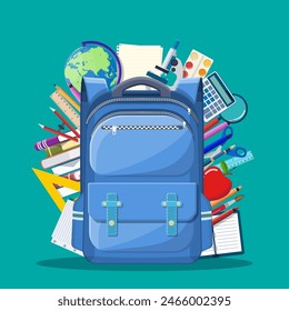 School backpack with books, paint, globe, ball, apple, calculator, pen, pencil, microscope ruler. Education and study learning concept back to school. Vector illustration in flat style