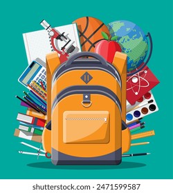 School backpack with books, paint, globe, ball, apple, calculator, pen, pencil, microscope ruler. Education and study learning concept back to school. Vector illustration in flat style