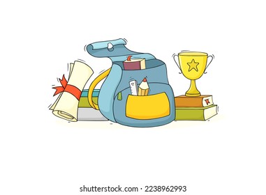 School backpack, books, paper, cap and study supplies. Vector hand drawn illustration of doodle stationery in open school bag. Education, study concept