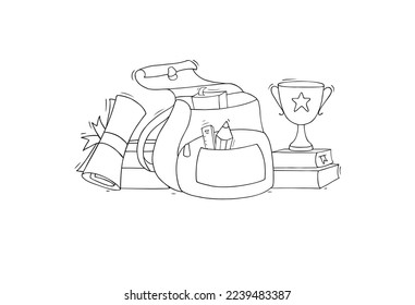 School backpack, books, paper, cap and study supplies. Vector hand drawn illustration of doodle stationery in open school bag. Education, study concept