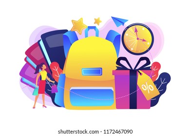 School backpack, books, shopper with shopping bag and present box with percent tag. Back to school sale and deals, school shopping clearance concept, violet palette. Vector isolated illustration.