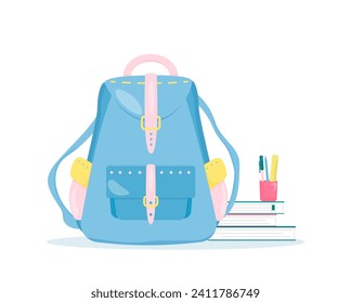 Mochila escolar con libros y papelería. Ilustración de estilo plano. Tema de la educación, la escuela, los estudiantes