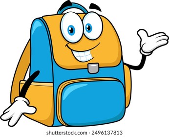 School Backpack Cartoon Character Waving For Greeting. Vector Hand Drawn Illustration Isolated On Transparent Background