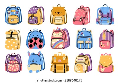 School backpack. Cartoon colorful kids bag for school stationery and supplies, elementary and middle school equipment for books. Vector education accessories set of bag school illustration