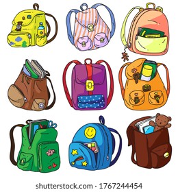 School backpack. Cartoon school backpack isolated set on white background. Student satchel or schoolbag collection. Pupil rucksack vector icon bundle with education and study supply illustration