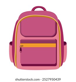 School backpack for children, pink and yellow colours. Children's briefcase, school bag for supplies. Back to school, education, vector illustration, flat style, isolated
