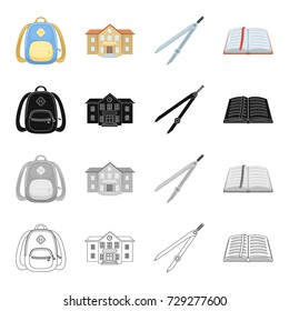 School backpack, college building, compasses, open book. School and learning set collection icons in cartoon black monochrome outline style vector symbol stock isometric illustration web.