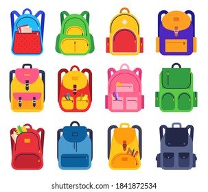 School backpack. Color schoolbags zipper and pockets with stationery supplies for students, rucksacks for traveling, study flat vector set. School bag and luggage, pack and backpack illustration